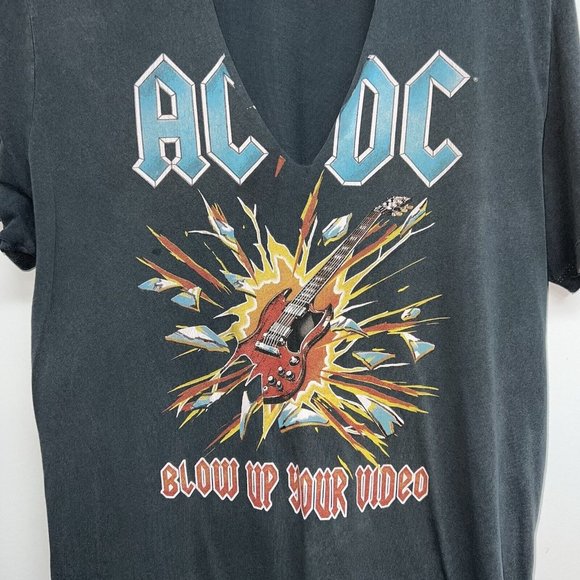 AC DC Womens Graphic T-shirt Size 8 Gray Blue Cut Out Tee Blow Up Your Video - Picture 2 of 5